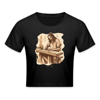 Jesus Josef: Der urprüngliche Zimmermann - Frauen Cropped T-Shirt - Schwarz - Vorne - Marisol (170cm)
