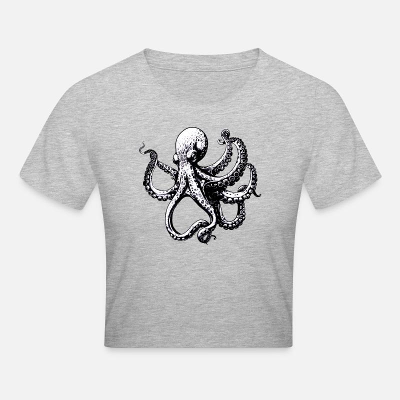 Illustration complexe de pieuvre en noir et blanc - Crop top - gris chiné