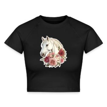 Pferd mit Blumen - Frauen Cropped T-Shirt - Schwarz - Vorne - Marisol (170cm)
