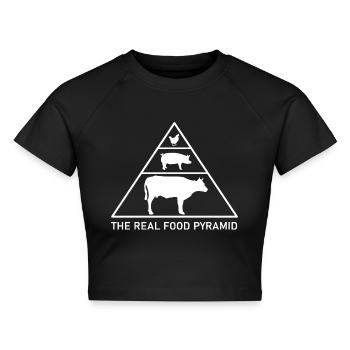 Die wahre Ernährungspyramide - Rind, Schwein, Huhn - Cropped Frauen Organic T-Shirt - Schwarz - Vorne - AI Model Female 172 light (172cm)