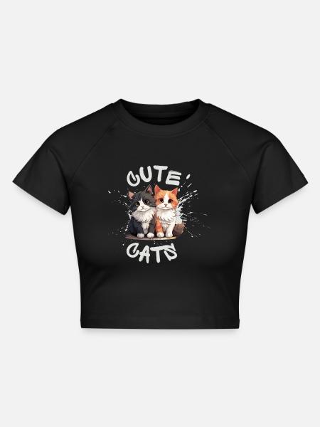 Cute Cats - Cropped Frauen Organic T-Shirt - Schwarz