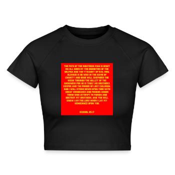 Zitat aus der Filmbibel 01 - Cropped Frauen Organic T-Shirt - Schwarz - Vorne - AI Model Female 172 light (172cm)