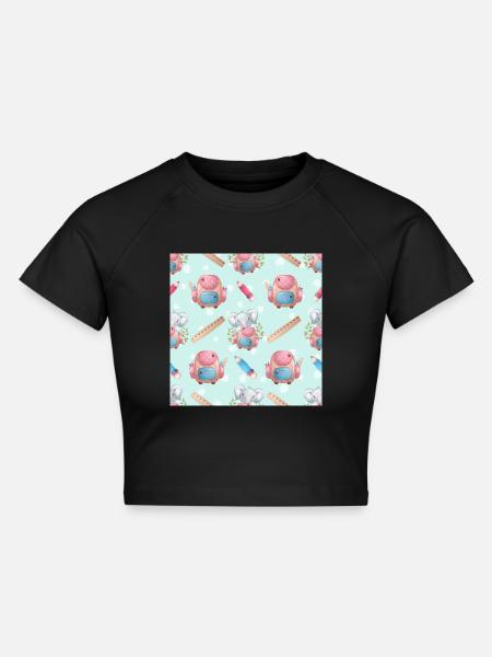 Cute Elephant Animal Pattern - Cropped Frauen Organic T-Shirt - Schwarz