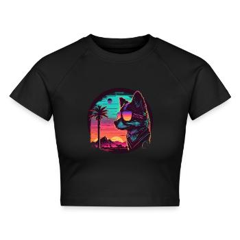 Synthwave dog sunset - Cropped Frauen Organic T-Shirt - Schwarz - Vorne - AI Model Female 172 light (172cm)