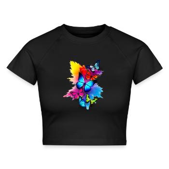 Schmetterling Splash Bunt - Cropped Frauen Organic T-Shirt - Schwarz - Vorne - AI Model Female 172 light (172cm)