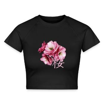 Cherry Blossom - Cropped Frauen Organic T-Shirt - Schwarz - Vorne - AI Model Female 172 light (172cm)
