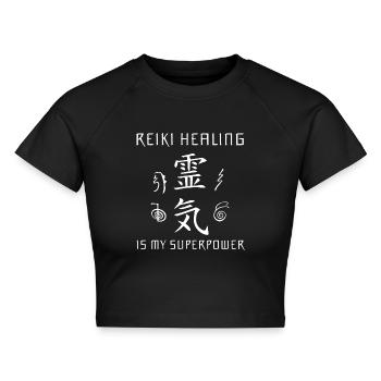 Reiki Superkraft | Reikimeister Esoterik Geschenke - Cropped Frauen Organic T-Shirt - Schwarz - Vorne - AI Model Female 172 light (172cm)
