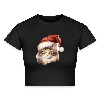 Katze mit Weihnachtsmütze, T-Shirt, Tasse - Cropped Frauen Organic T-Shirt - Schwarz - Vorne - AI Model Female 172 light (172cm)