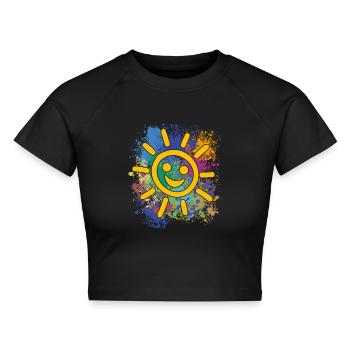 Lachende Sonne auf bunten Farbklecksen - Cropped Frauen Organic T-Shirt - Schwarz - Vorne - AI Model Female 172 light (172cm)
