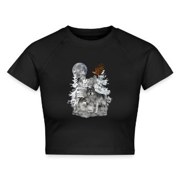 Wölfe auf Felsen mit Adler und Mond - Cropped Frauen Organic T-Shirt - Schwarz - Vorne - AI Model Female 172 light (172cm)