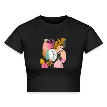 Bunte Tropische Blätter Abstrakte Kunst - Cropped Frauen Organic T-Shirt - Schwarz - Vorne - AI Model Female 172 light (172cm)