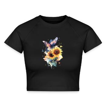 Schmetterling Sonnenblume - Cropped Frauen Organic T-Shirt - Schwarz - Vorne - AI Model Female 172 light (172cm)