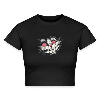 Verrücktes Grinsekatzen-Gesicht – Dark Art Style - Cropped Frauen Organic T-Shirt - Schwarz - Vorne - AI Model Female 172 light (172cm)