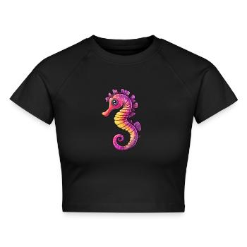 Buntes Seepferdchen Comic - Cropped Frauen Organic T-Shirt - Schwarz - Vorne - AI Model Female 172 light (172cm)