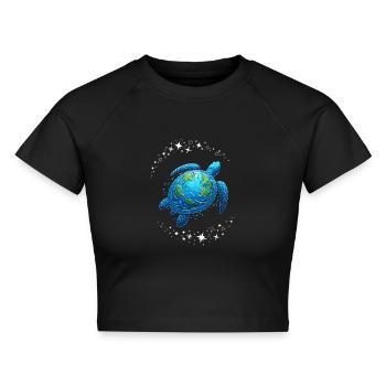 Happy Earth Day Meeresschildkröte Universum Globus - Cropped Frauen Organic T-Shirt - Schwarz - Vorne - AI Model Female 172 light (172cm)