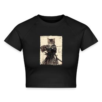 Samurai Cat Kawaii Japanische Ninja Katze - Cropped Frauen Organic T-Shirt - Schwarz - Vorne - AI Model Female 172 light (172cm)
