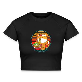 Maneki Neko Japan Glücksbringer - Cropped Frauen Organic T-Shirt - Schwarz - Vorne - AI Model Female 172 light (172cm)
