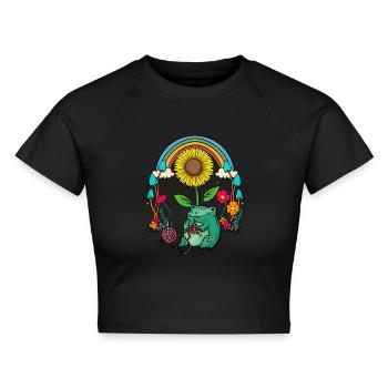 Sonnenblume Regenbogen Frosch Frösche Stricken - Cropped Frauen Organic T-Shirt - Schwarz - Vorne - AI Model Female 172 light (172cm)