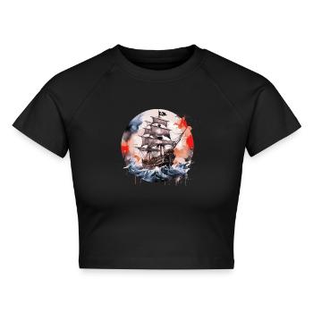 Piratenboot, Piraten, Kapitän, Segelschiff, - Cropped Frauen Organic T-Shirt - Schwarz - Vorne - AI Model Female 172 light (172cm)