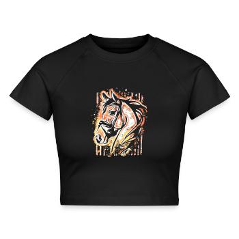 Pferd - Bunter Pferdekopf - Reiten - Reiter - Ross - Cropped Frauen Organic T-Shirt - Schwarz - Vorne - AI Model Female 172 light (172cm)