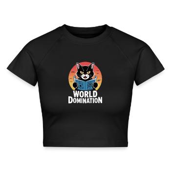 Weltherrschaft – Katze mit großen Plänen - Cropped Frauen Organic T-Shirt - Schwarz - Vorne - AI Model Female 172 light (172cm)