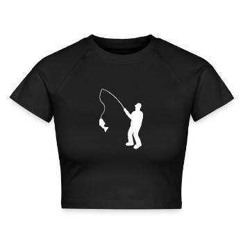 Fischer mit Angelrute und Fisch - Cropped Frauen Organic T-Shirt - Schwarz - Vorne - AI Model Female 172 light (172cm)