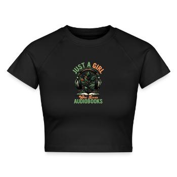 Earbuds & Epics: The Audiobook Lover's Tale - Cropped Frauen Organic T-Shirt - Schwarz - Vorne - AI Model Female 172 light (172cm)