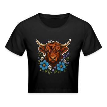 Highland-Kuh mit Blumenkranz – Landleben Stil - Frauen Cropped T-Shirt - Schwarz - Vorne - Marisol (170cm)