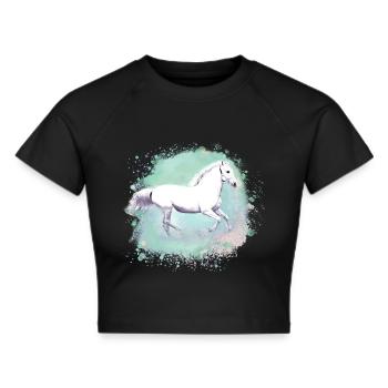Schimmel,,weisses Pferd, pferd, Malerei,grün - Frauen Cropped T-Shirt - Schwarz - Vorne - Marisol (170cm)