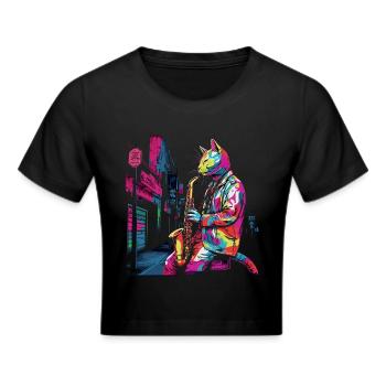 Katze Saxophon Jazz Musiker Saxophonist Swing Miau - Frauen Cropped T-Shirt - Schwarz - Vorne - Marisol (170cm)