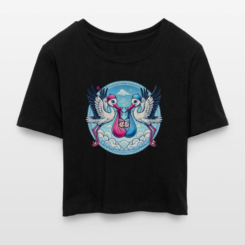 Rosa oder Blauer Storch Baby Bundle Design Frauen Cropped T-Shirt
