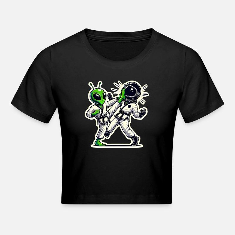Alien vs Astronaut Karate Battle - Cropped T-Shirt - black