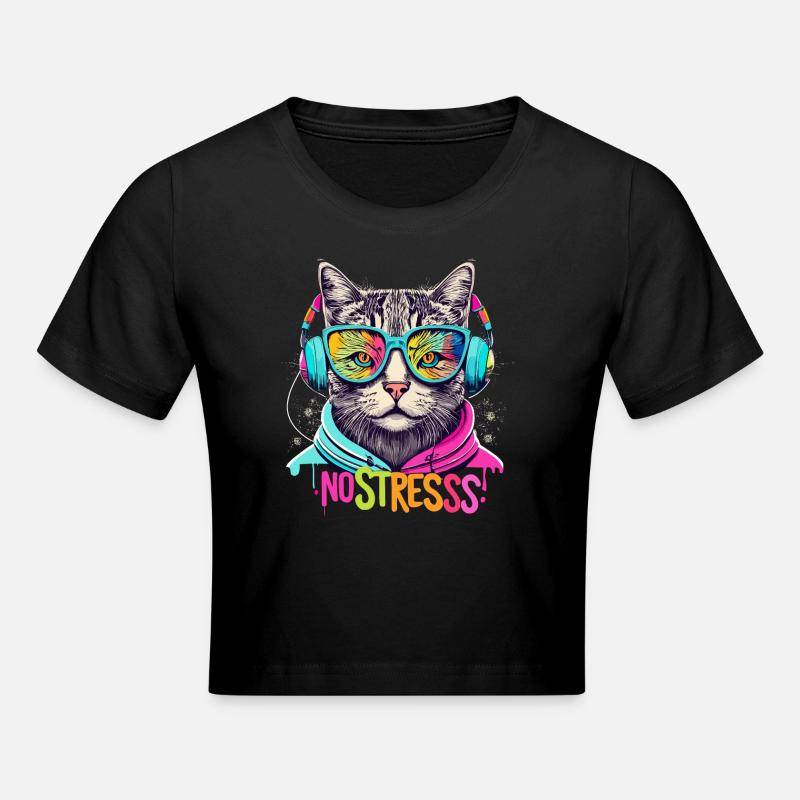 Chat avec des écouteurs Drôle de dicton NO STRESS - Crop top - noir
