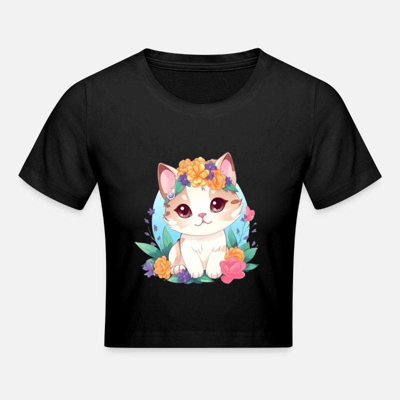 Chat mignon avec des fleurs - Crop top - noir