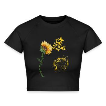 Katze mit Sonnenblume und Schmetterlingen Malerei - Frauen Cropped T-Shirt - Schwarz - Vorne - Marisol (170cm)