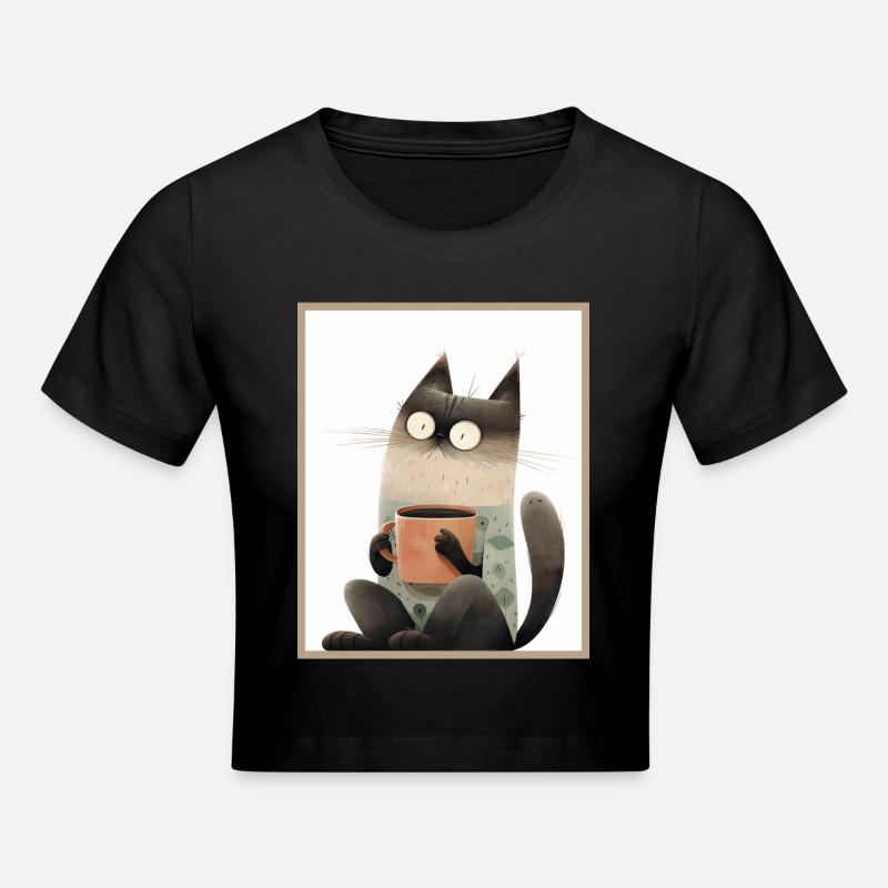Chat avec tasse à café - Crop top - noir