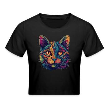 Psychedelisches Katzengesicht mit bunten Mustern - Frauen Cropped T-Shirt - Schwarz - Vorne - Marisol (170cm)