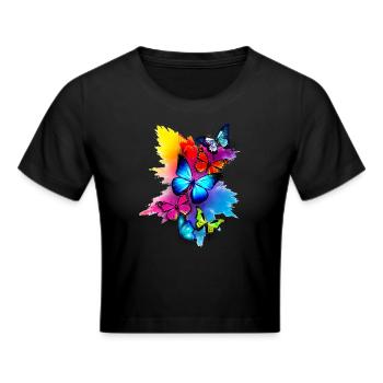 Schmetterling Splash Bunt - Frauen Cropped T-Shirt - Schwarz - Vorne - Marisol (170cm)