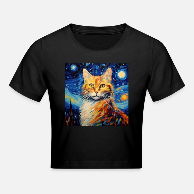 Chat, motif de chat, van gogh, nuit étoilée - Crop top - noir