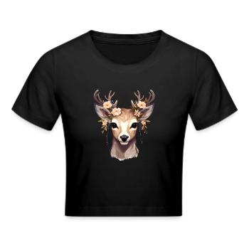 Reh Hirsch mit Blumen im Geweih - Frauen Cropped T-Shirt - Schwarz - Vorne - Marisol (170cm)