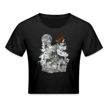 Wölfe auf Felsen mit Adler und Mond - Frauen Cropped T-Shirt - Schwarz - Vorne - Marisol (170cm)