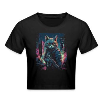 Katze Cyber Cat Katzen Punk - Frauen Cropped T-Shirt - Schwarz - Vorne - Marisol (170cm)