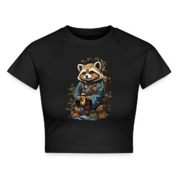 Vintage Marderhund Japanischer Sake Kunst - Frauen Cropped T-Shirt - Schwarz - Vorne - Marisol (170cm)
