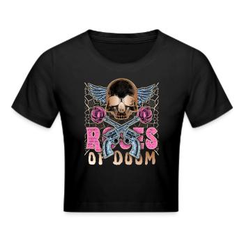 Totenkopf, Colt-Revolver, Rosen-Motiv - Frauen Cropped T-Shirt - Schwarz - Vorne - Marisol (170cm)