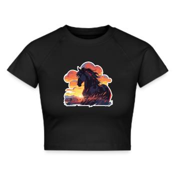 Horses, Black Horse, Horse, Sunset - Cropped T-Shirt - black - Front - Marisol (170cm)