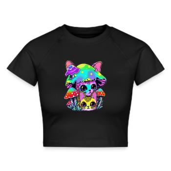 Trippy Cat Art Psychedelic Rave DJ - Cropped T-Shirt - black - Front - Marisol (170cm)