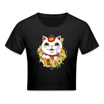 Maneki Neko Japan Glücksbringer - Frauen Cropped T-Shirt - Schwarz - Vorne - Marisol (170cm)