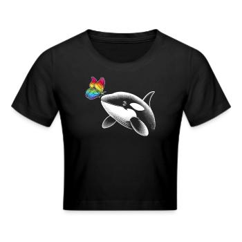 Orca Wal Schmetterlinge Tier Blumen Illustration - Frauen Cropped T-Shirt - Schwarz - Vorne - Marisol (170cm)