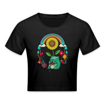 Sonnenblume Regenbogen Frosch Frösche Stricken - Frauen Cropped T-Shirt - Schwarz - Vorne - Marisol (170cm)