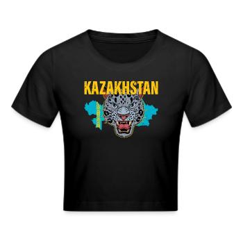 Schneeleopard National Symbol Kasachstan Jurte - Frauen Cropped T-Shirt - Schwarz - Vorne - Marisol (170cm)